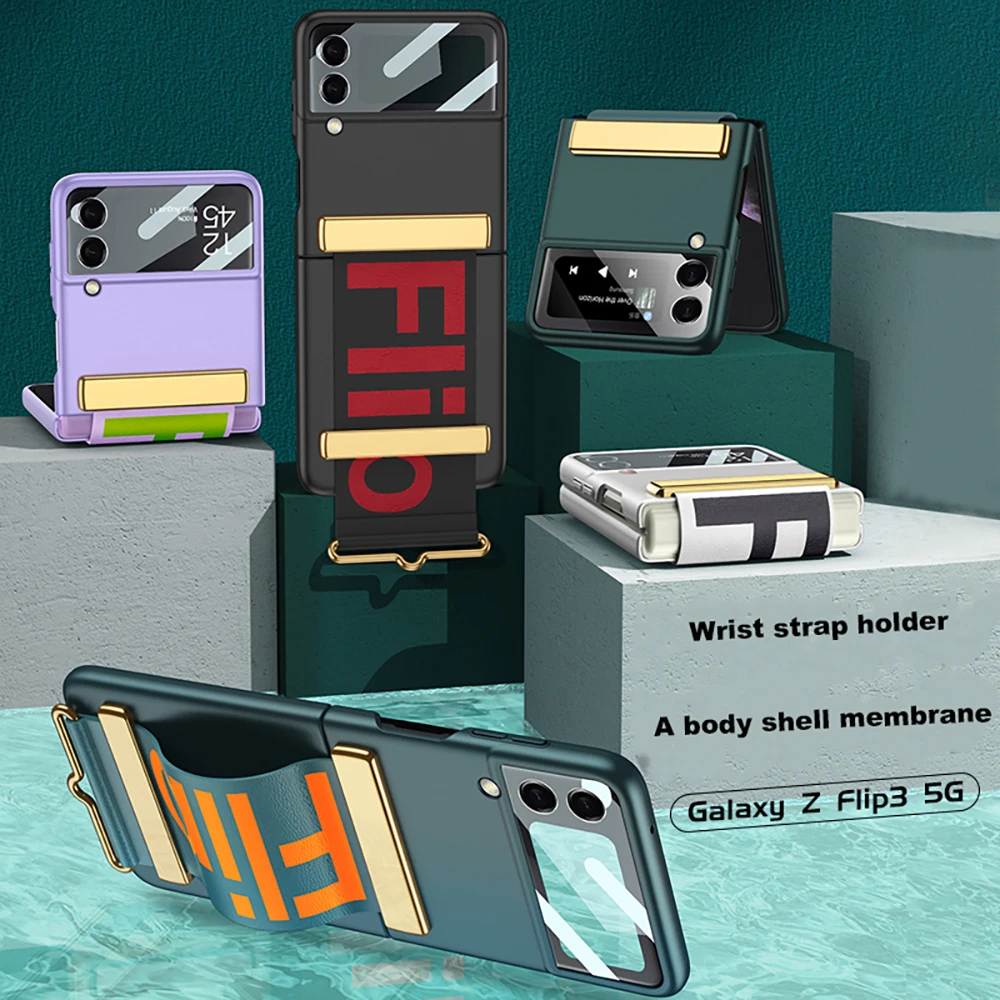 new for z flip3 with band len camera glass protection case for samsung galaxy z flip 3 5g case wrist strap plastic pc back cover free global shipping