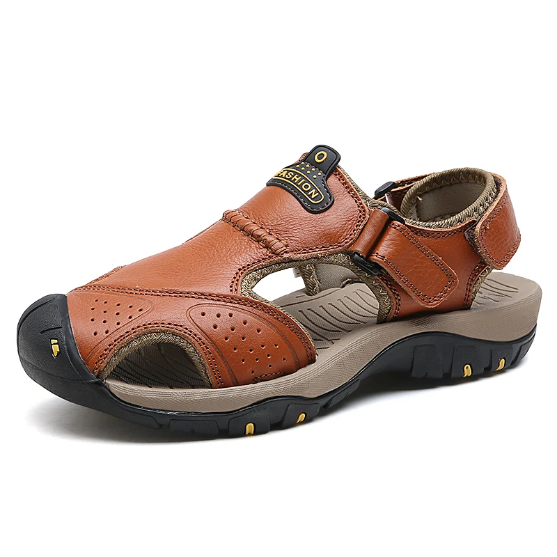 Genuine Leather Men's Sandals Summer Breathable Sandals Beach Casual Shoes Thick Sole Closed Toe Aqua Shoes for Hiking Fishing