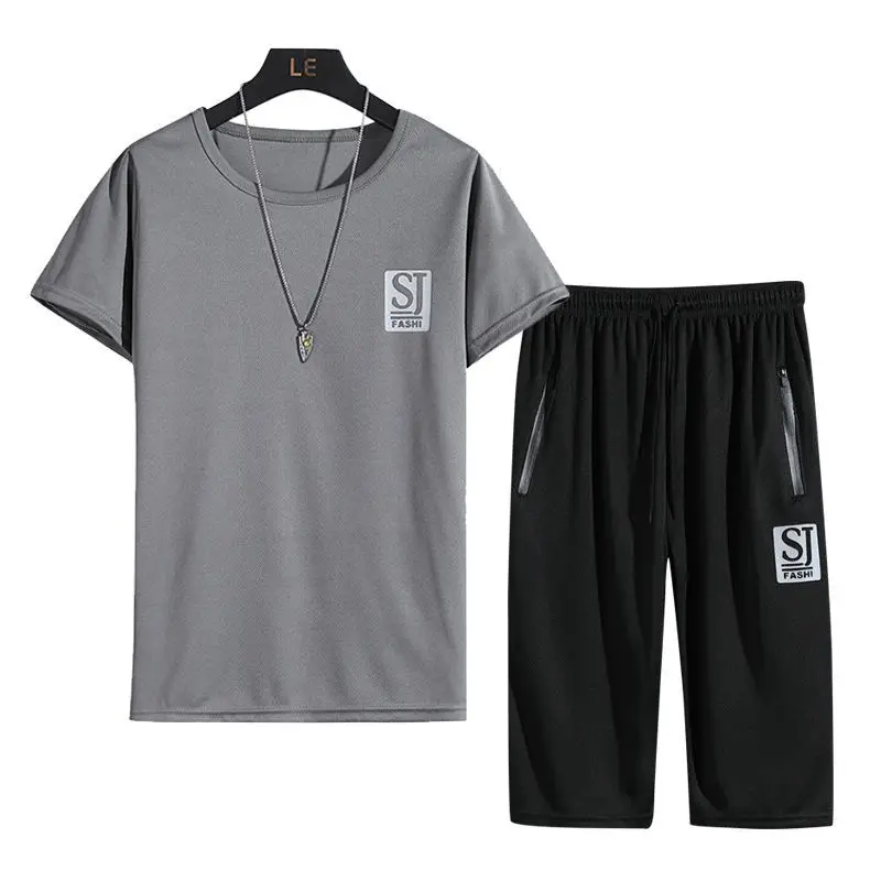 

2020 summer ice silk mesh plus fat plus size loose sports toe casual Outfits short sleeve cropped pants men