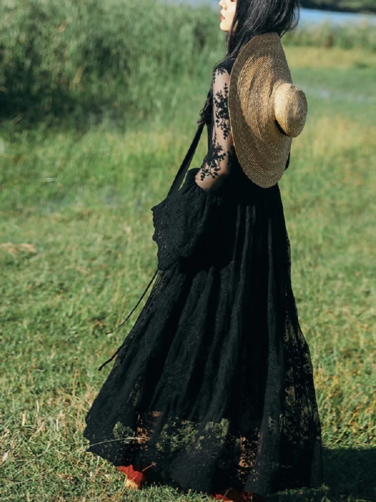 LANMREM 2020 кружевное платье весеннее новое длинное сплошное цветной раструб рукав