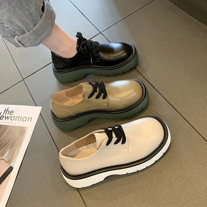 

2021 New Women PU Leather Shoes Round Toe Handmade Shallow Lace Up British Style Breathable Lolita Female Pumps Loafers Shoes