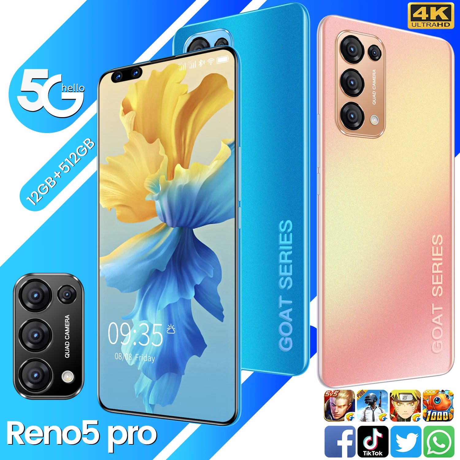 

Smartphones Reno5Pro 7.3 Inch 5000mAh Fast Charging Dual SIM Android10 Mobile Phone 12+512GB HD +Screen 5G Net Cellphone Face ID