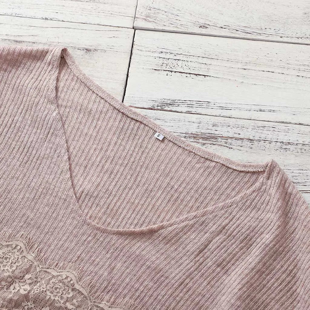 Женская кружевная блузка с длинным рукавом и v-образным вырезом свободная