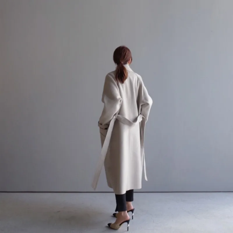 Elegant Streetwear Woolen Coat Women Autumn Winter Sashes Double Breasted Loose Overcoat Fashion Beige Warm Long Outwear S-XL | Женская