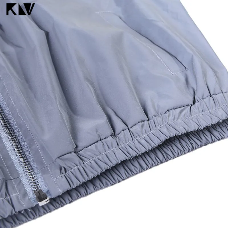 KLV осенние женские светоотражающие с длинным рукавом, с капюшоном, на молнии, Молодежные кроп топы для ночного бега, ветровка, короткое пальто, куртка