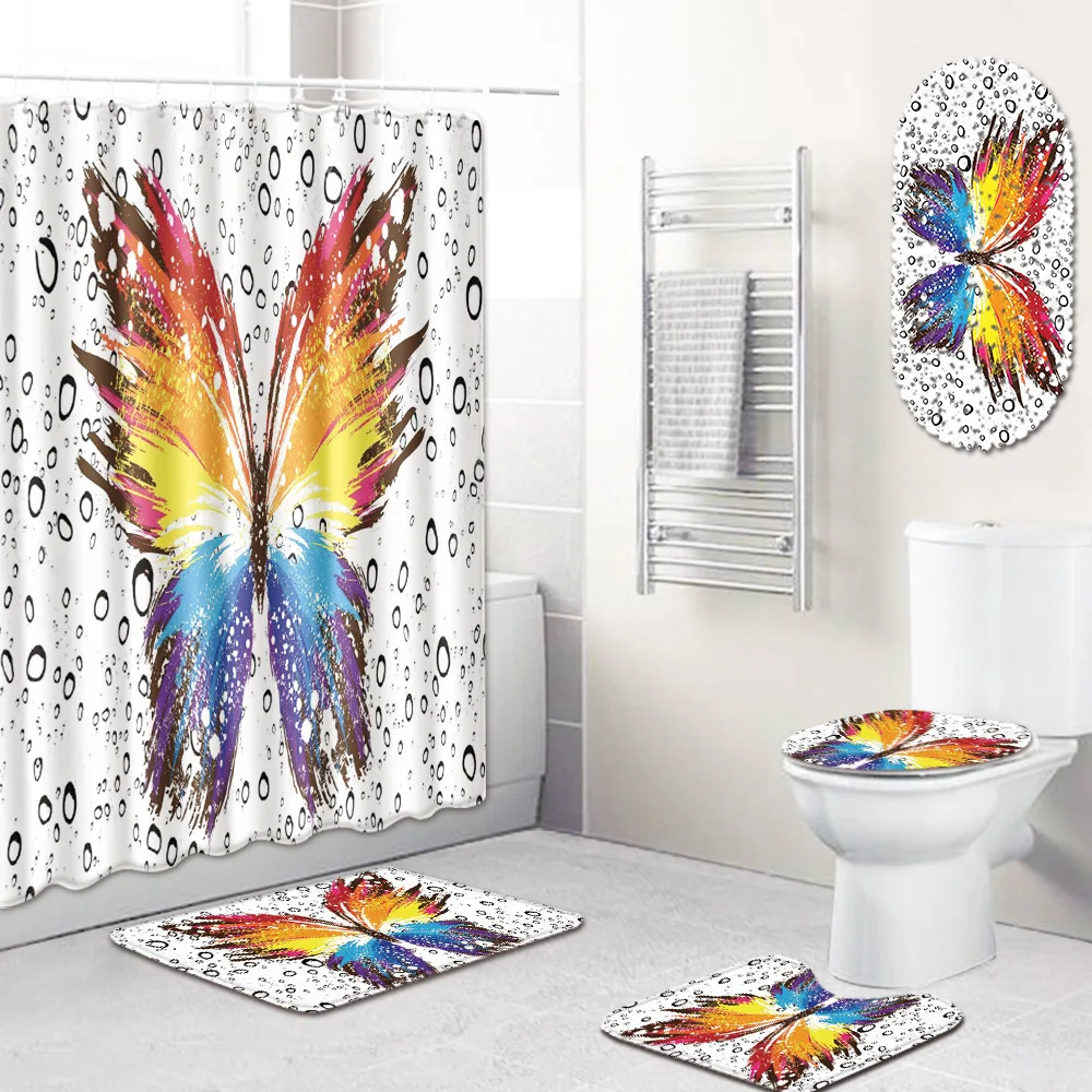

Butterfly Shower Curtain Bathroom Mat Combination Five-Piece Set Bathroom Toilet Carpet Shower Room Mat