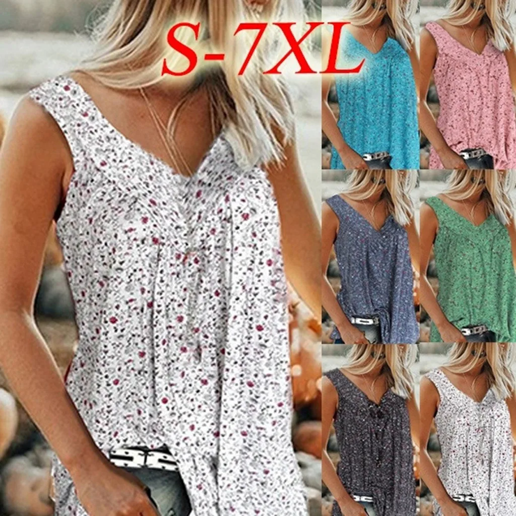 

Flowers Blouse Women Plus Size 5XL 6XL 7XL Sexy V-Neck Tee Tunic Tops Summer Ladies Top Female Sleeveless Blusas Pullover A20