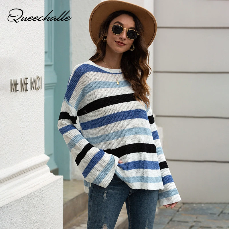 

Blue Fahion Striped Knitted Sweater Women O-neck Autumn Winter Loose Flare Sleeve Pullovers Sweater Tops Casual Knitting Jumper