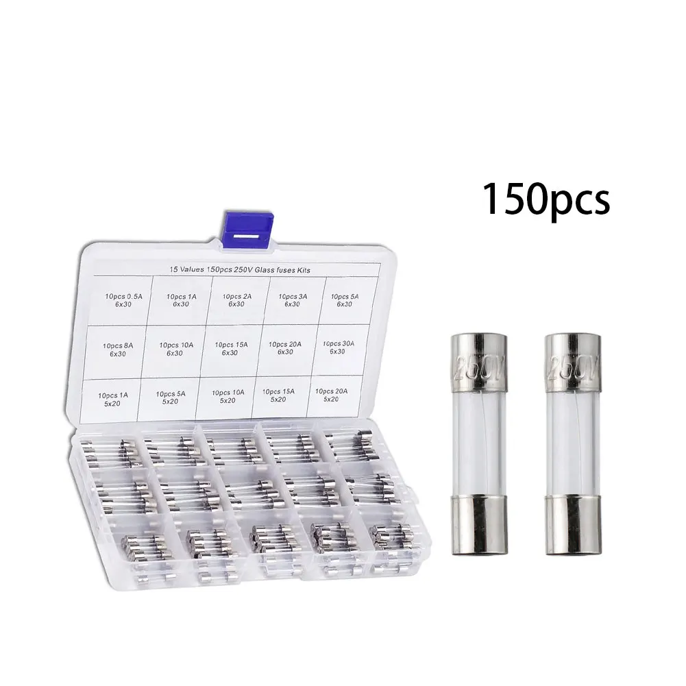 

150 Pcs/Set Tube Fuses Fast-Blow Glass Fuses Tube Assorted Kit 5-20mm 250V 0.1A-20A Quick Blow Glass Tube Fuse Assorted Kits