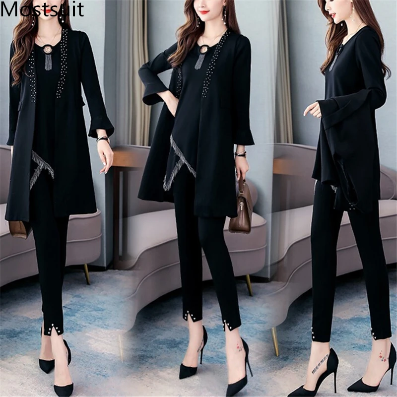 Женский элегантный Комплект из трех предметов черный кардиган без рукавов с