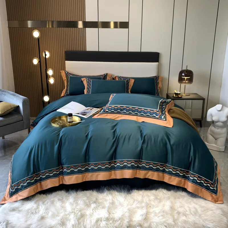 

Luxury Blackish Green Egyptian Cotton Bedding Set Embroidery Bed Linens Flat Sheet Set Bedspread Queen/King Size Bed Cover 4pcs