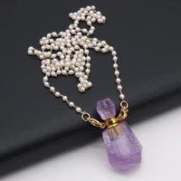 80cm natural crystal amethysts stone perfume bottle necklace charm pendant two glasses pearl chain for women gift size 20x37mm