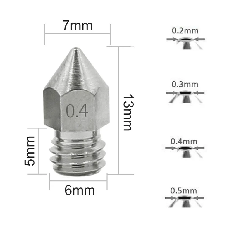 

0.2Mm 0.m 0.4Mm 0.5Mm 0.6Mm 0.8Mm 1.0Mm Stainless Steel 3D Printer Nozzle for 1.75Mm Filament MK8 Extruder