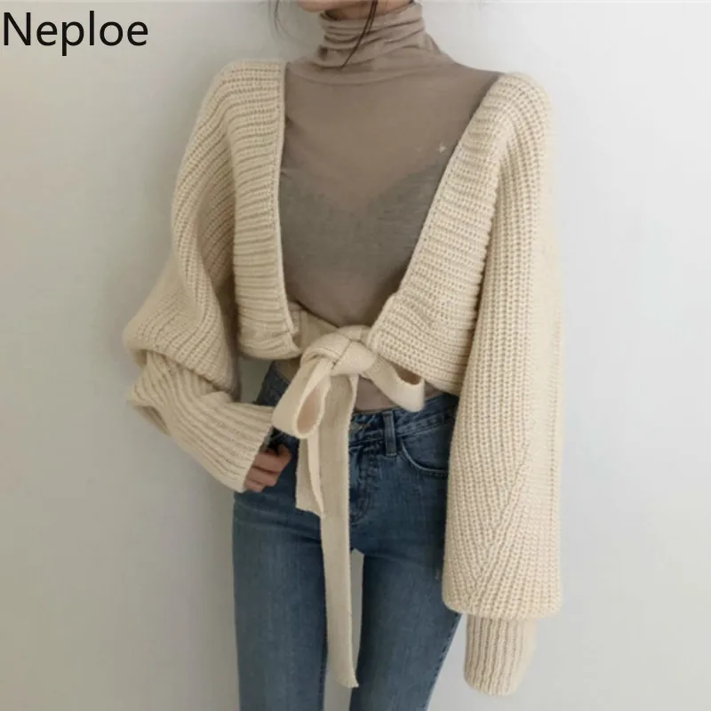 Neploe Autumn New 2020 Loose Bat Cardigans Sweater Women Sexy Open Back Lace Up Pull Femme Coat Hollow Out V Neck Thick 46929 |