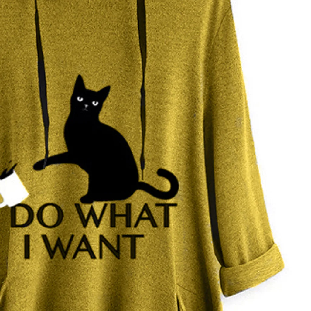 

2019 New Women Hoodies Sweatshirts Women Casual Print Cat Ear Hooded Long Sleeves Pocket Irregular Top Blouse Shirt