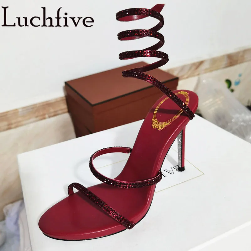 

Сандалии стразы женские на высоком каблуке, пикантные туфли с кристаллами, открытый носок, свадебная обувь, красные, лето