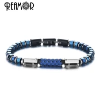 reamor luxury blue enamel craft stainless steel connector bracelets men women blue hematite bangle with detachable clasp jewelry