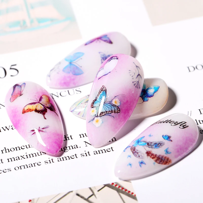 3D наклейки для ногтей с бабочками клейкие слайдеры красочные синие цветы