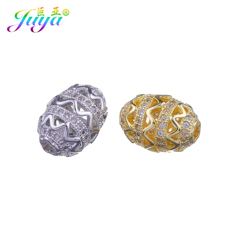 

Juya 1 2Pcs/Lot 18K Gold Plated Cz Paved Hollow Decorative Oval Beads For DIY Natural Stones Pearls Beadwork Jewelry Making