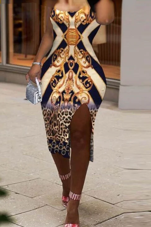 

Summer Dresses For Women 2021 U-Neck Scarf Print Sleeveless Split Thigh Dress Midi Slit