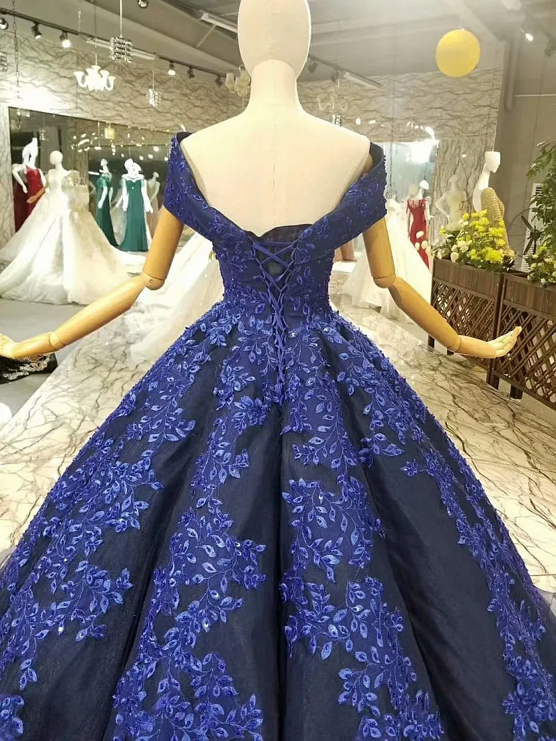 Navy Blue Luxurious Big Skirt Handmade Lace Wedding Dress Bridal Gown