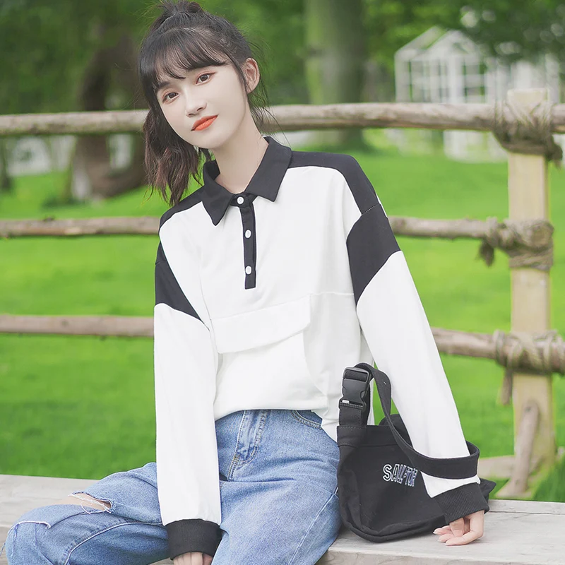 

Khaki 2020 New Autumn and Winter Loose Multicolor Hoodie Schoolgirl Bottoming Shirt Polo Collar Long Sleeve Top Coat