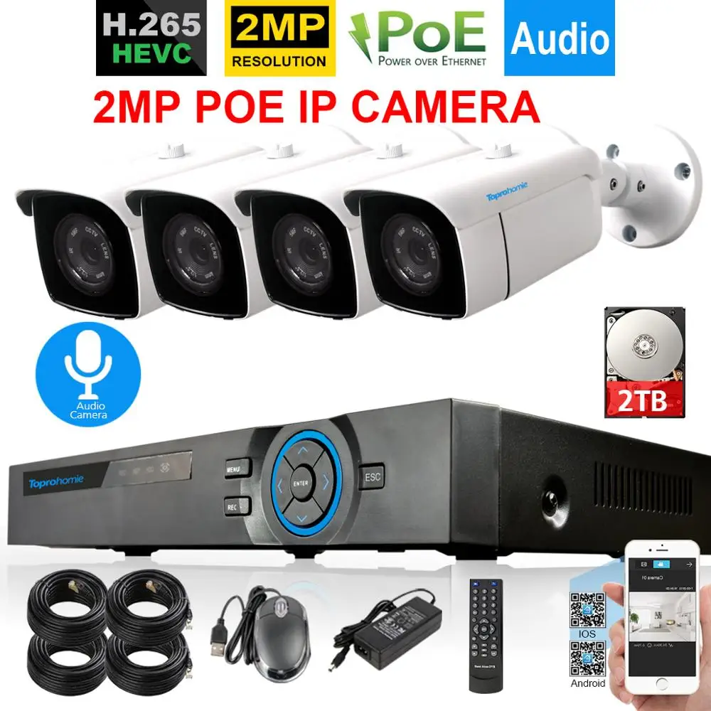 TOPROHOMIE H.265 + 4CH POE NVR комплект 48V 2MP дневной и ночной водонепроницаемый камеры 1080P