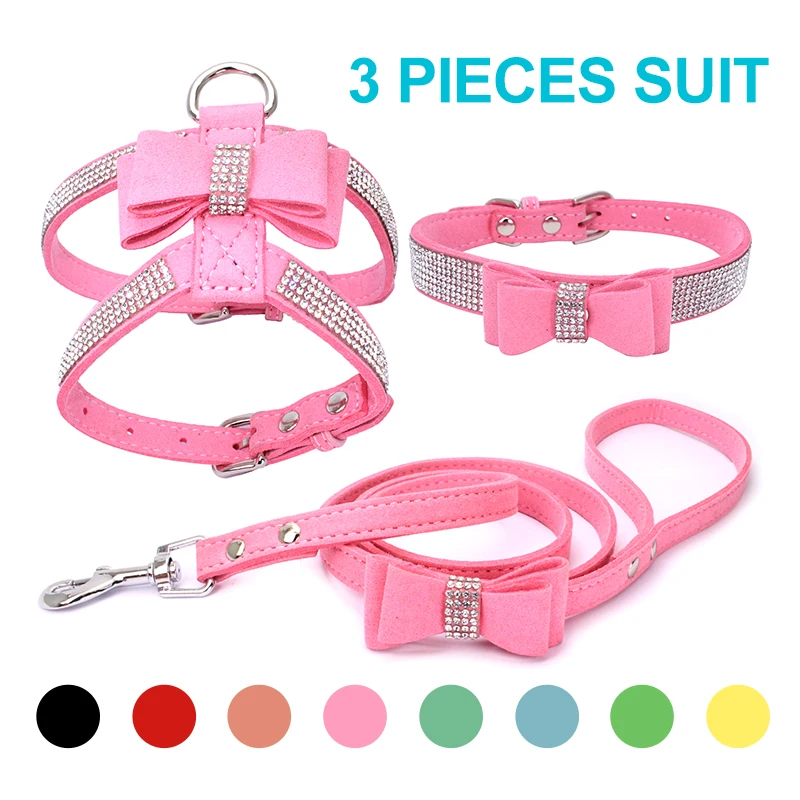 3 Peices Suit Dog Harness Collar Leash Adjustable Soft Suede Fabric Shining Diamonds Pet Vests For Dogs Comfort Pets Supplies