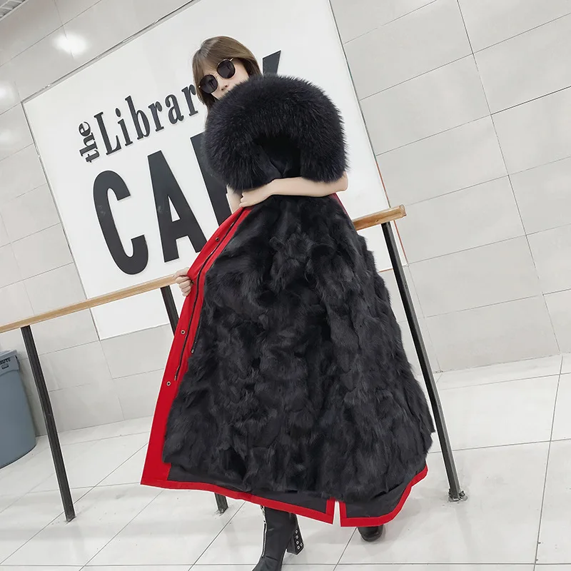 long red Зимнее толстое теплое пальто из натурального Лисьего меха со съемной подкладкой и капюшоном для женщин, Меховая куртка, верхняя одежда с отделкой из натурального меха - Цвет: long red