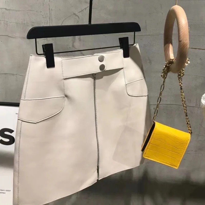 

SHZQ Ladies Pencil Real Leather Skirt Women's Genuine Sheepskin Dress
