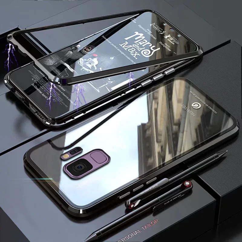 black Чехол YonLinTan Coque для samsung galaxy S9 Plus S 9 S9Plus, Металлическая магнитная рамка, жесткие чехлы из закаленного стекла для телефона - Цвет: black