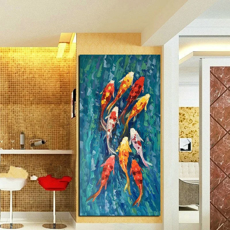 

Wall Art Picture HD Print Chinese Abstract Nine Koi Fish Landscape Oil Painting on Canvas Poster For Living Room Modern Decor