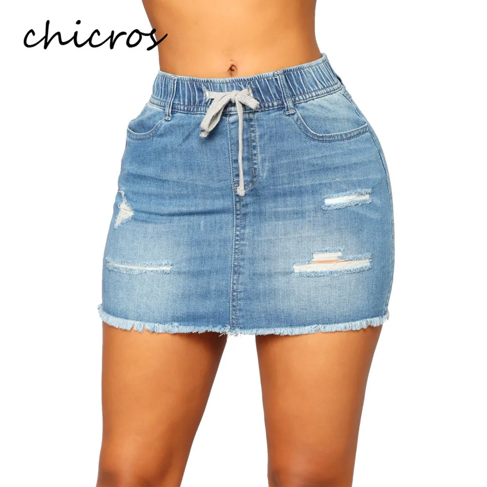 

Chicros Women Jeans Skirt Elastic Waist Tie Bow Mini Dresses Summer Sexy Dresses