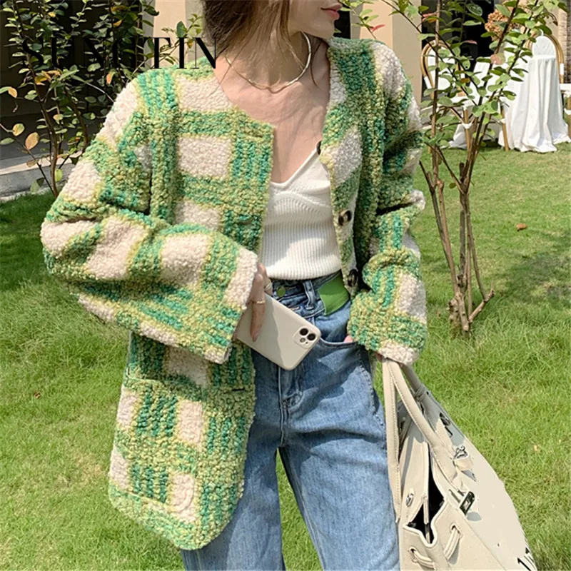 Sungtin Wool Fleece Plaid Coat Women Winter Lamb Faux Fur Overcoat Female Loose Thick Warm Green oversized Jacket Lady Elegant | Женская