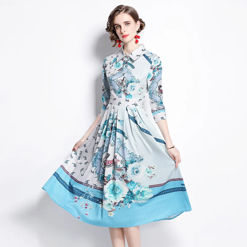 

2022 Women's Summer Dress French Vintage Lapel Print Pleated Three-quarter Sleeve Dress New Female Waist Dresses X738