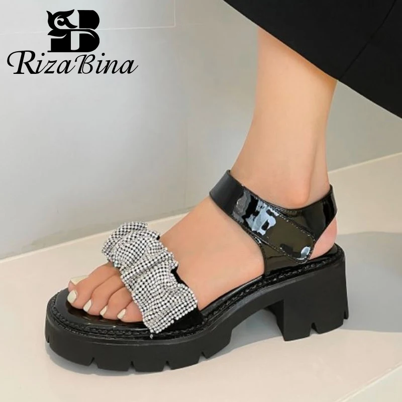 

RIZABINA New Women Sandals Real Leather Patchwork Women Sandals Fashion Thick Heel Women Shoes Daily Footwear Size 34-39