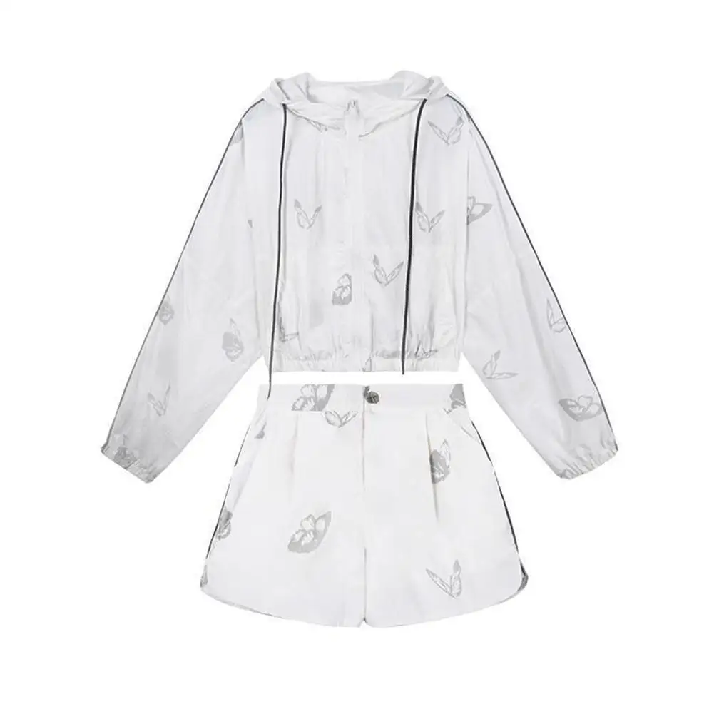 

New Summer Women Reflective Butterfly Printed Long Sleeveless Jacket Shorts Suit Sunscreen Two Piece Outfits Hooded Top