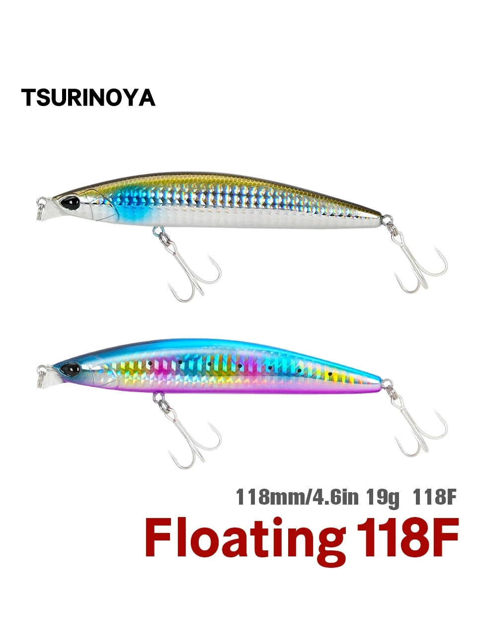 

TSURINOYA Shallow Range 118F Floating Minnow Fishing Lure DW95 118mm 19g 0-0.3m Long Casting Seabass Saltwater Big Hard Bait