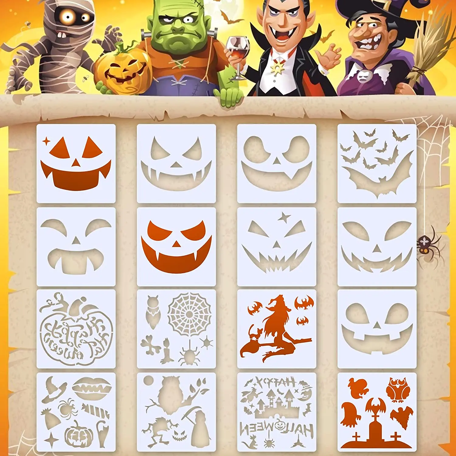 

METABLE 16pcs Halloween Stencils Templates,Reusable Plastic Drawing Crafts Pumpkin Faces Skeleton Owl Bat Witch Spider Pattern