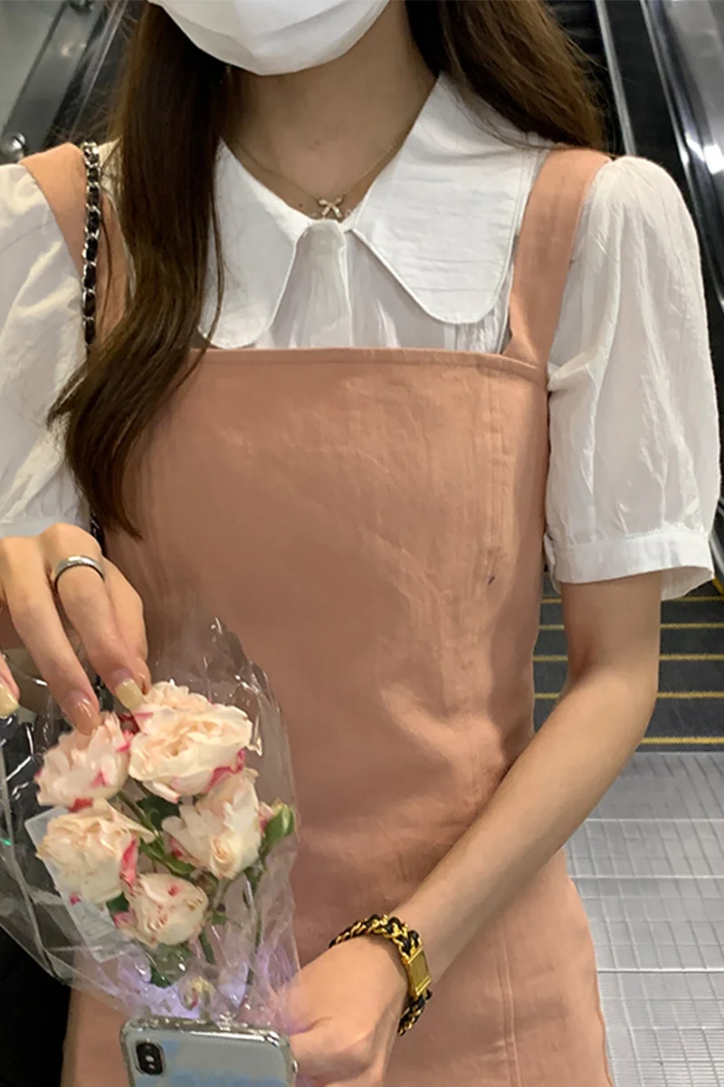 Женская шифоновая блузка с коротким рукавом белая Свободная в Корейском стиле