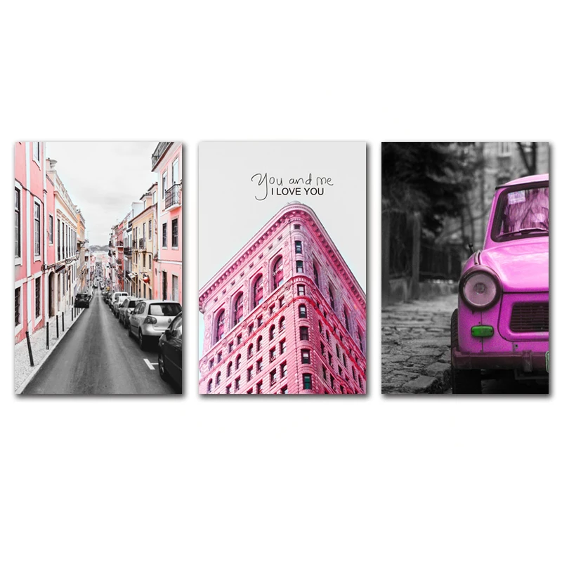 

Pink Landscape Photography Home Wall Painting Pink Architecture and Retro Car Art Photo Hd Printing Frameless Canvas Poster