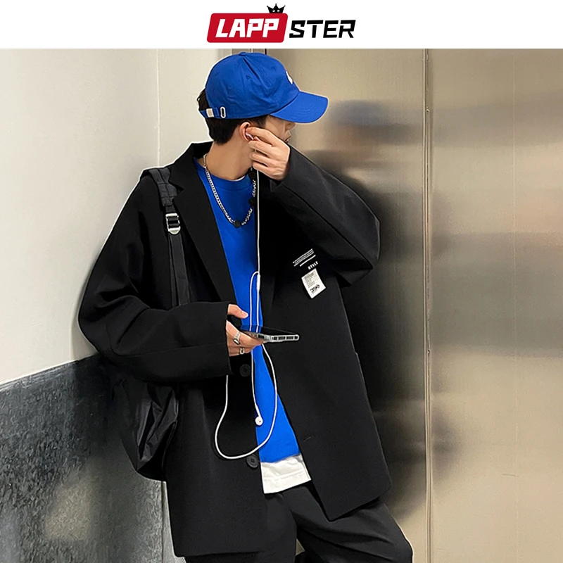 

LAPPSTER Men Casual Black Oversized Blazers 2022 Mens Japanese Streetwear Hip Hop Suit Jackets Man Vintage Korean Fashion Blazer