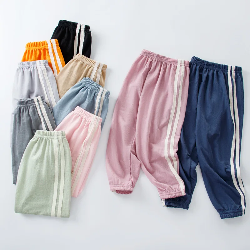 

Children's Mosquito Long Pants New Summer Boys Sports Stripe Bloomers Girls Candy Color Clothes Baby Homewear Cropped Trousers