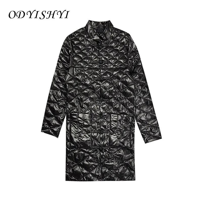 

Parka Women Cotton Coats Chinese Style Retro Disc Button Padding Jacket 2020 Autumn Fashion Black Shiny Mid Long Overcoat Female