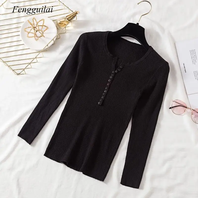 

2020 Autumn Winter Button V Neck Sweater Women Basic Slim Pullover Women Sweaters And Pullovers Knit Jumper Ladies Tops
