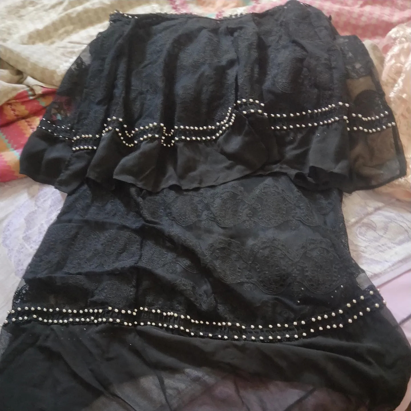 

Simple Commuter OL Style Black Lace Short-Sleeved Round Neck Beaded Dress 2021 Spring New High-Waisted Thin And Elegant Buttocks