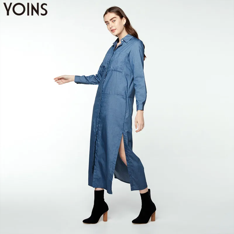 YOINS/женское длинное джинсовое платье рубашка с отложным воротником и длинными