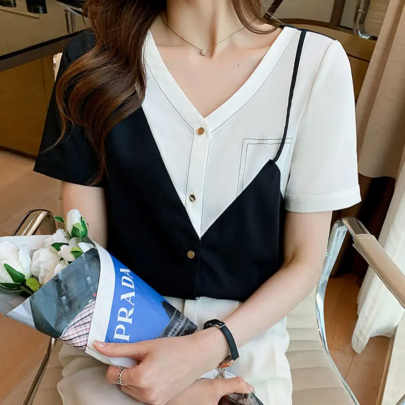 

2021 New Summer Women Blouses Casual Loose Student Seem Two Pieces Chiffon Shirts Fashion Elegant Office Lady Tops Clothing