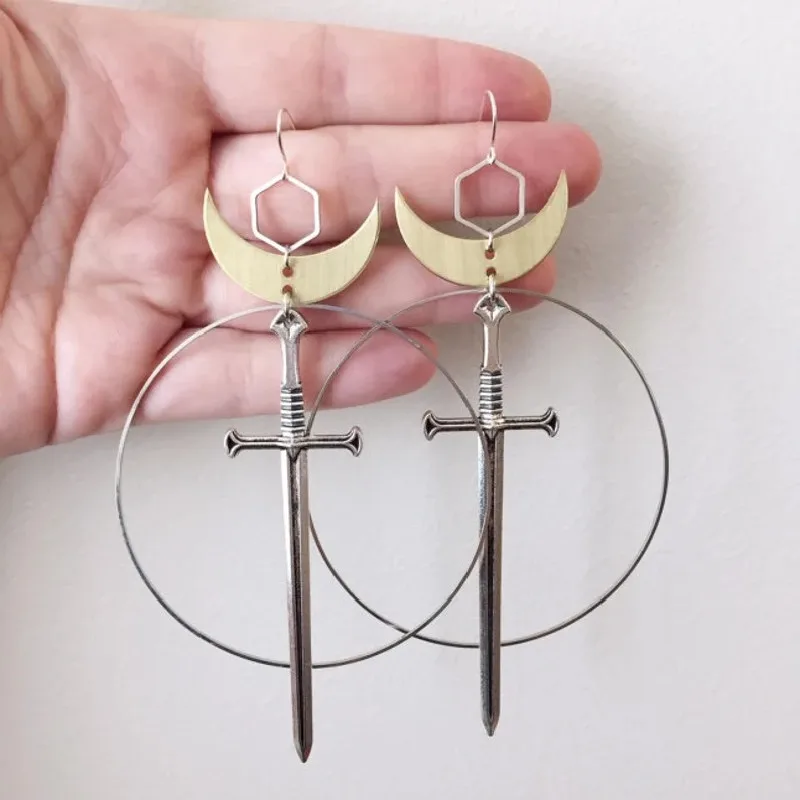 

Gothic Moon Excalibur Statement Earrings Big Ring Sword Classic Eardrop Punk Mystical Creativity Classical Jewellery Women Gift