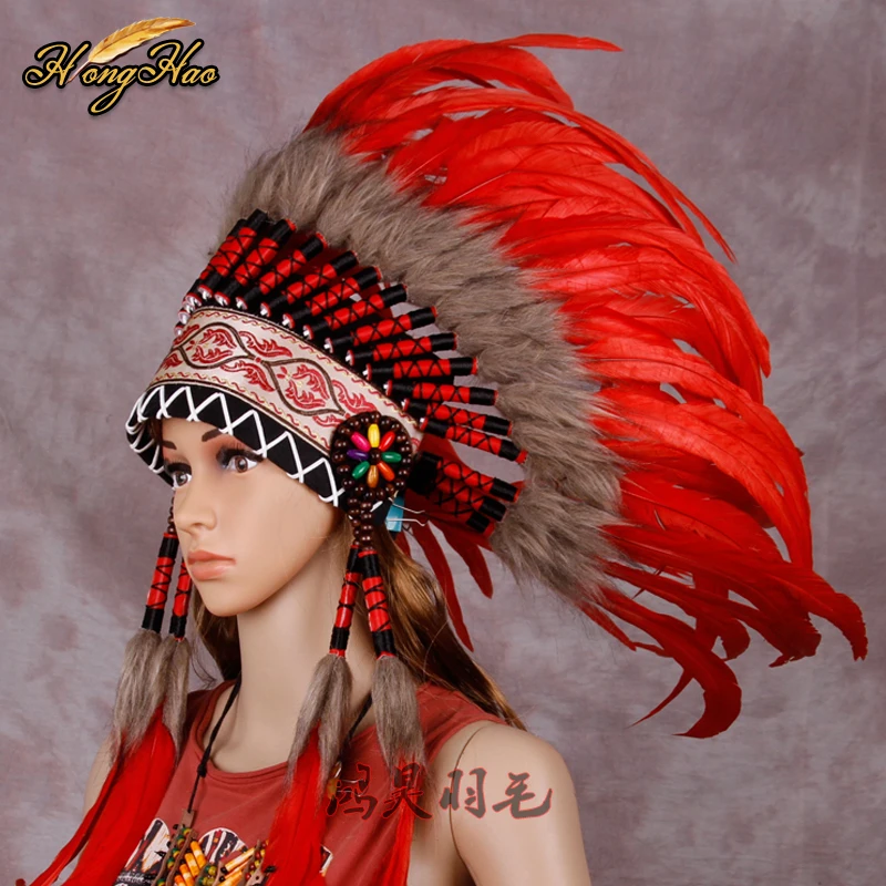 Red indian Feather headdress replica made halloween feather costume feather headpiece party headband